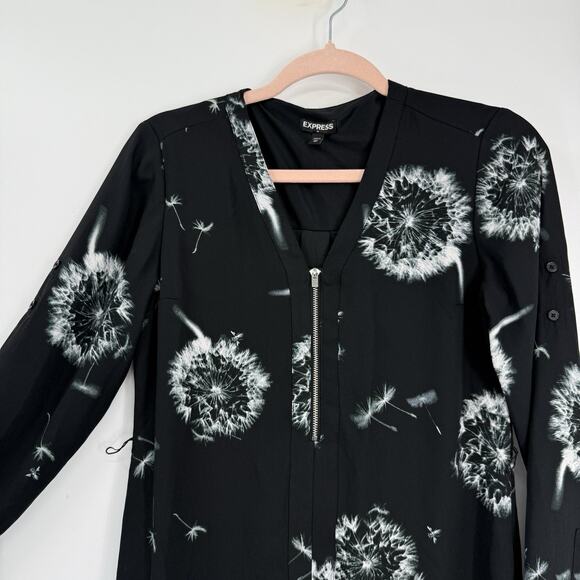 Express XS Shift Dress Dandelion Print Black Chiffon Zipper V Neck Long Sleeve - Picture 5 of 11